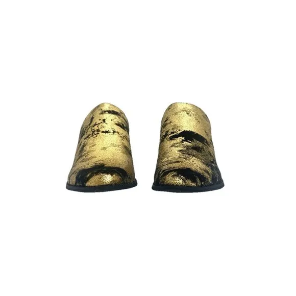Leather Gold Black Shoes Womens Sz 8 Pointed Toe Mule Clog Whimsygoth Boho