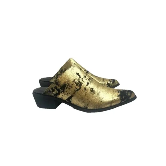 Leather Gold Black Shoes Womens Sz 8 Pointed Toe Mule Clog Whimsygoth Boho