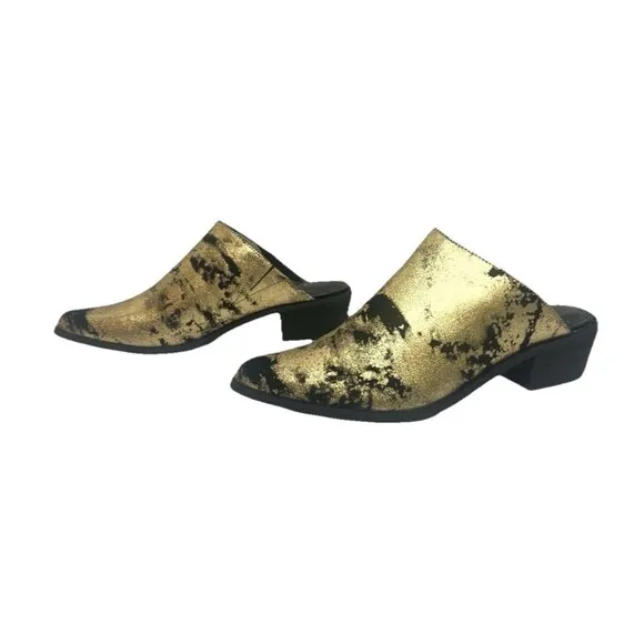 Leather Gold Black Shoes Womens Sz 8 Pointed Toe Mule Clog Whimsygoth Boho
