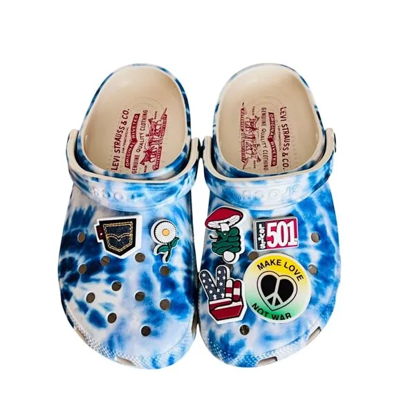 Levis X Crocs Limted Edition Blue Tie-Dye With Jibbitz Comfortable Slip-On Shoes