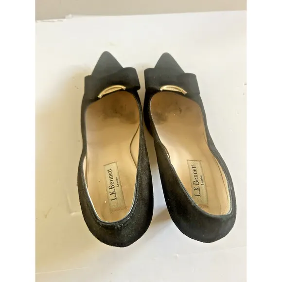 L.K. BENNETT Black Suede Court Shoes Pumps Bow Detail Size 38.5 US 7.5 Beautiful