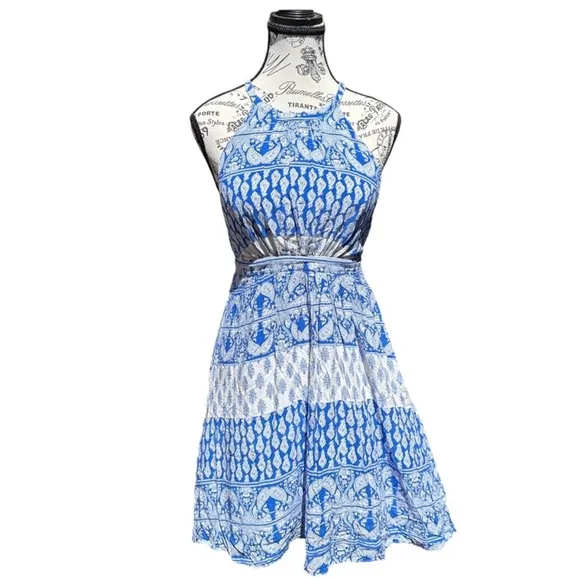 Lulus Blue and White Halter Dress Open Back