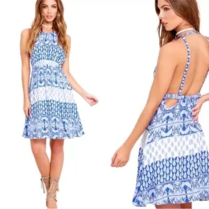 Lulus Blue and White Halter Dress Open Back