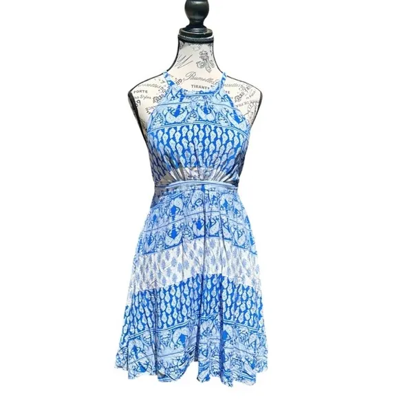 Lulus Blue and White Halter Dress Open Back
