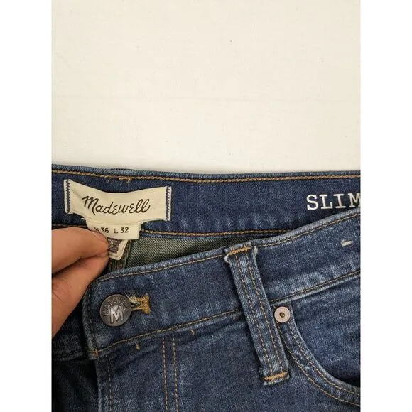 Madewell Slim Straight Mens Jeans 36x32 Blue Dark Wash Denim Jeans Fade Wash‎