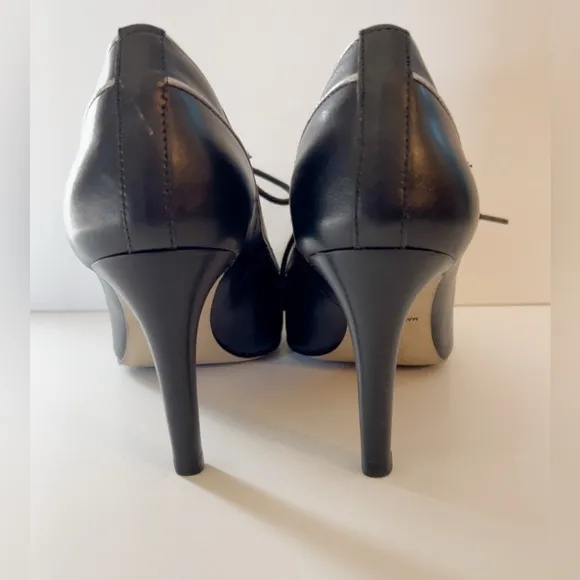 Mellow Yellow Paris Black Leather Silver Trim Oxford Heels, Sz 38 EU / 7.5 US
