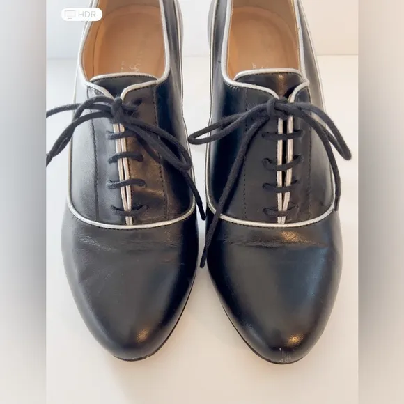 Mellow Yellow Paris Black Leather Silver Trim Oxford Heels, Sz 38 EU / 7.5 US