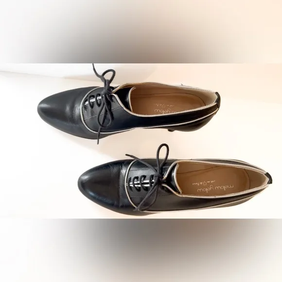 Mellow Yellow Paris Black Leather Silver Trim Oxford Heels, Sz 38 EU / 7.5 US