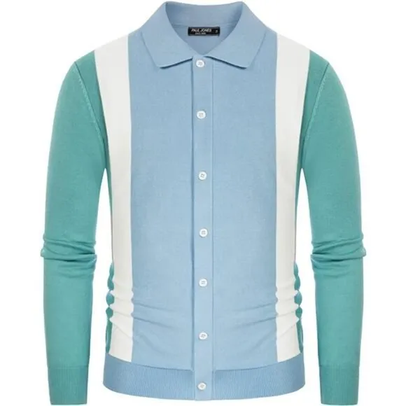 Men's Contrast Stripes Cardigan Sweater Button Down Knit Polo Shirts