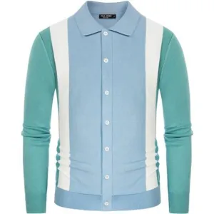 Men's Contrast Stripes Cardigan Sweater Button Down Knit Polo Shirts