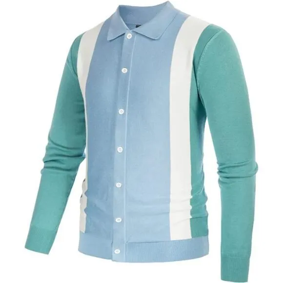 Men's Contrast Stripes Cardigan Sweater Button Down Knit Polo Shirts