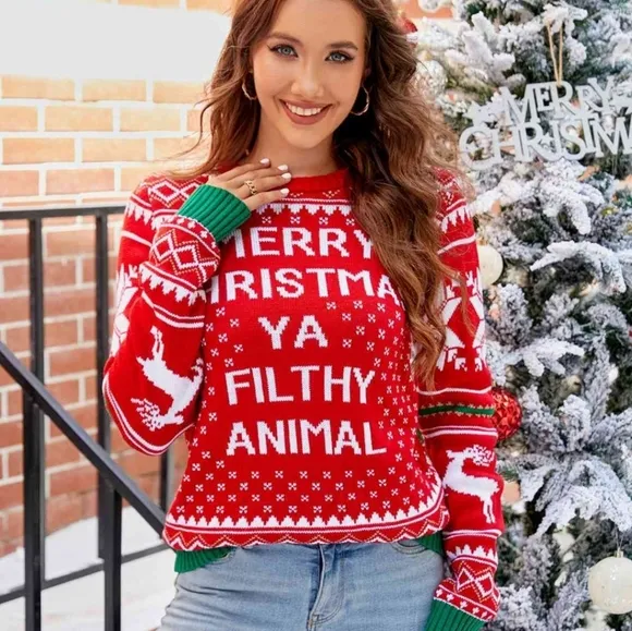 Merry Christmas Ya Filthy Animal Funny Knit Sweater Home Alone Movie Fun Classic