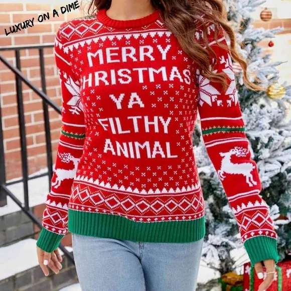 Merry Christmas Ya Filthy Animal Funny Knit Sweater Home Alone Movie Fun Classic