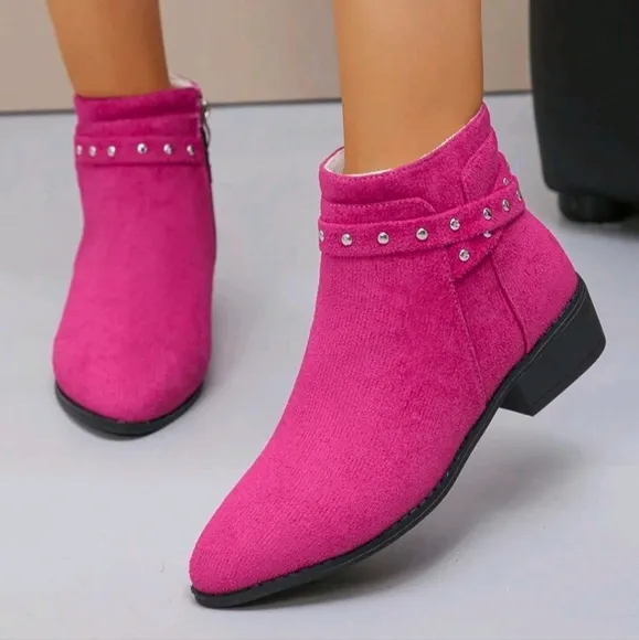 Mid-Heel Studded Pointed Toe Fashion Versatile Boots,Stylish And Elegant Short