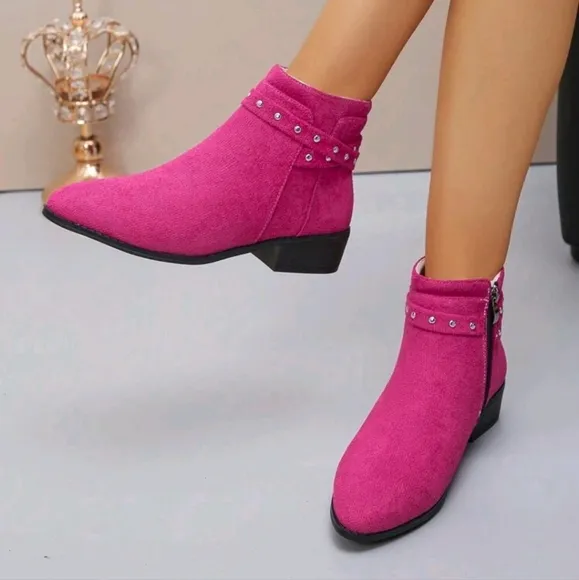 Mid-Heel Studded Pointed Toe Fashion Versatile Boots,Stylish And Elegant Short