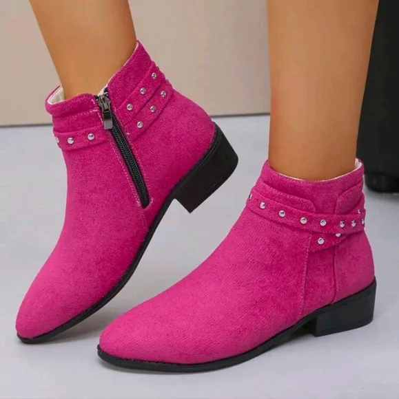 Mid-Heel Studded Pointed Toe Fashion Versatile Boots,Stylish And Elegant Short