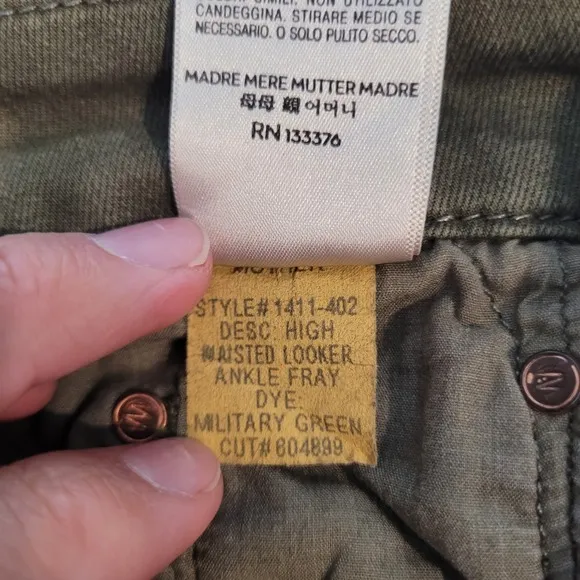 Mother High Waisted Looker Ankle Fray Olive Green Jeans Womens Size 25