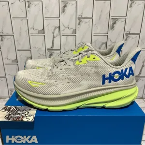 New Hoka One Clifton 9 Grey Blue Running Shoes Mens 10.5 D Workout Training Gym