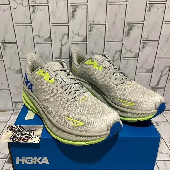 New Hoka One Clifton 9 Grey Blue Running Shoes Mens 10.5 D Workout Training Gym