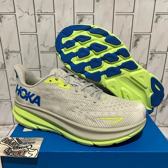 New Hoka One Clifton 9 Grey Blue Running Shoes Mens 10.5 D Workout Training Gym