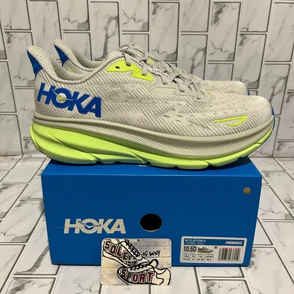New Hoka One Clifton 9 Grey Blue Running Shoes Mens 10.5 D Workout Training Gym