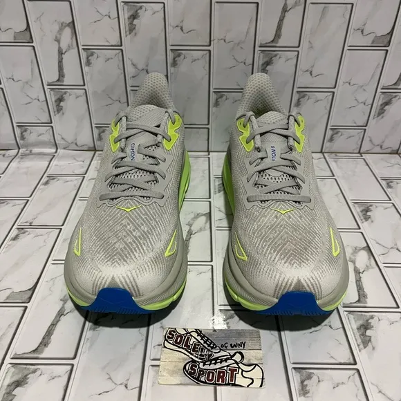 New Hoka One Clifton 9 Grey Blue Running Shoes Mens 10.5 D Workout Training Gym