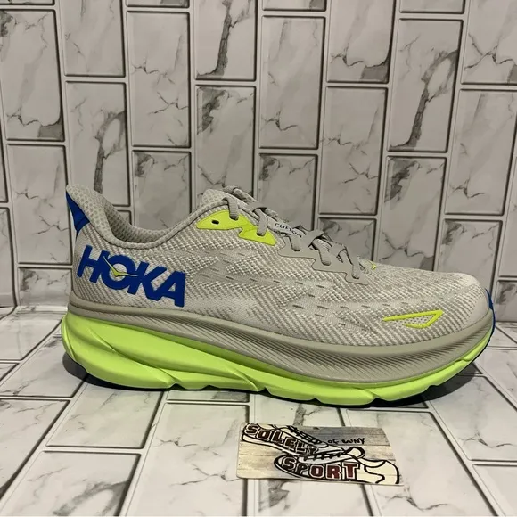 New Hoka One Clifton 9 Grey Blue Running Shoes Mens 10.5 D Workout Training Gym