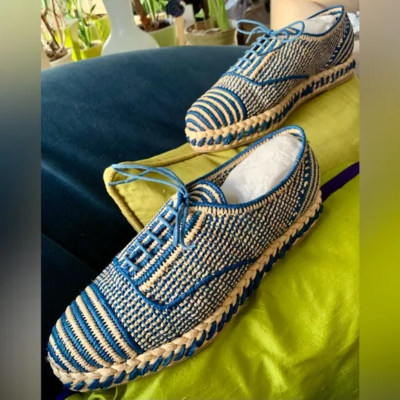 New! Ralph Lauren Ashaya Raffia Oxford Shoes - Unisex- Size 40 - Blue / Natural