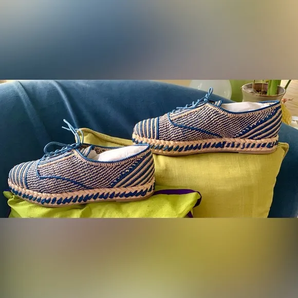New! Ralph Lauren Ashaya Raffia Oxford Shoes - Unisex- Size 40 - Blue / Natural