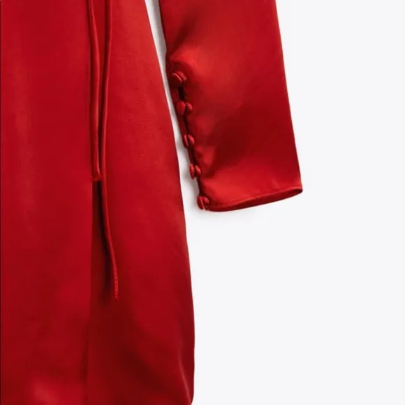 New satin like long sleeve red dress