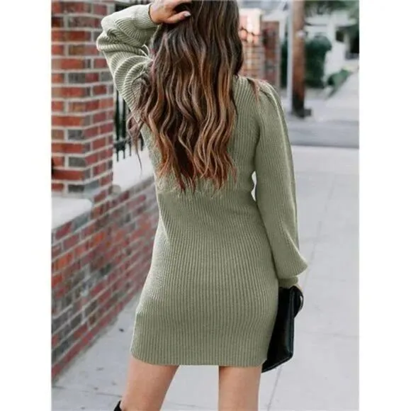 New Elasticity Slim Sweater Bodycon Mini Sweater Dress, Beauty Green