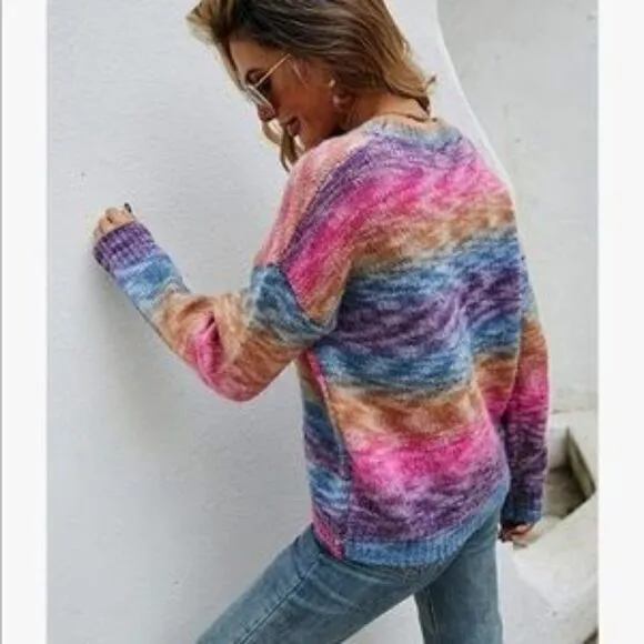 New Gradient Color Block Knit Pullover Sweater