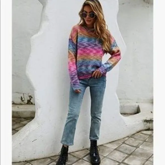 New Gradient Color Block Knit Pullover Sweater
