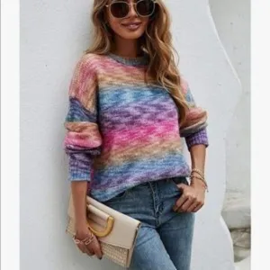 New Gradient Color Block Knit Pullover Sweater