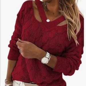 New Unique V Neck Hollow Out Knit Sweater