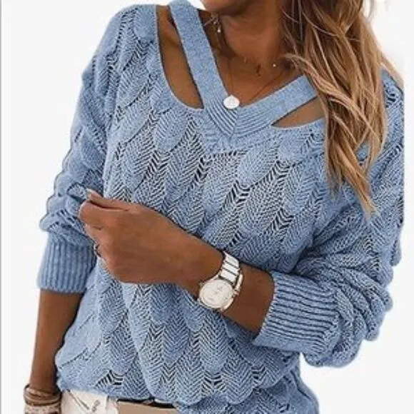 New Unique V Neck Hollow Out Knit Sweater
