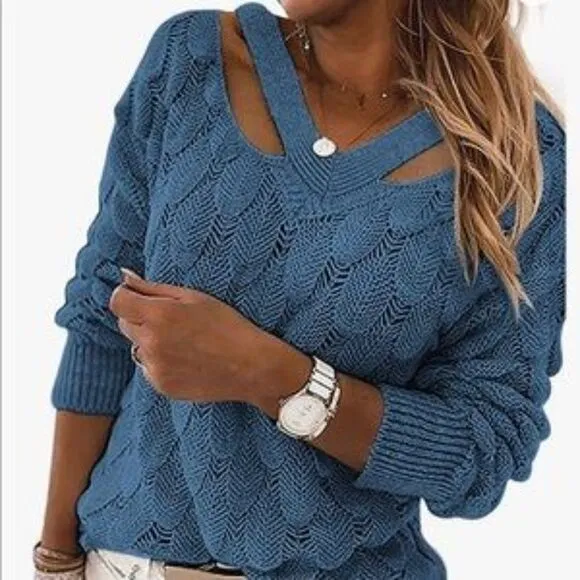 New Unique V Neck Hollow Out Knit Sweater