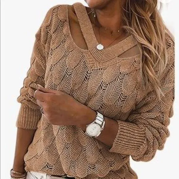 New Unique V Neck Hollow Out Knit Sweater