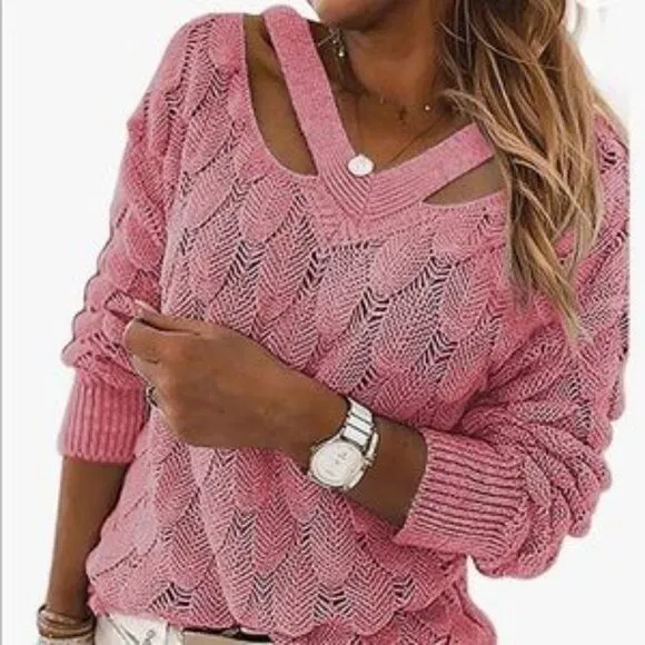 New Unique V Neck Hollow Out Knit Sweater