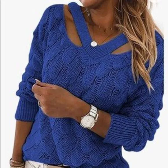 New Unique V Neck Hollow Out Knit Sweater