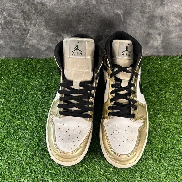 Nike Air Jordan 1 Mid Mens 11.5 Gold Metallic Shoes Sneakers Leather Casual Worn