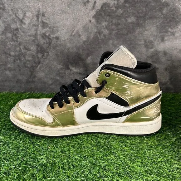 Nike Air Jordan 1 Mid Mens 11.5 Gold Metallic Shoes Sneakers Leather Casual Worn
