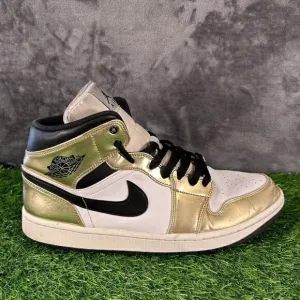 Nike Air Jordan 1 Mid Mens 11.5 Gold Metallic Shoes Sneakers Leather Casual Worn