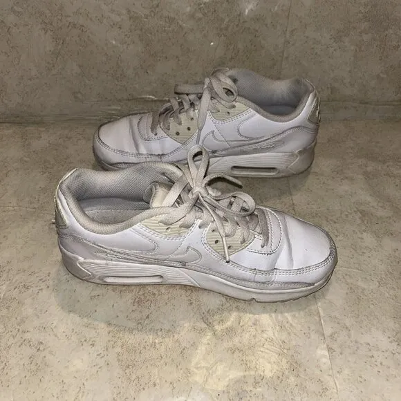 Nike Air Max 90 LTR GS Triple White Lace Up Casual Sneakers Youth Size 6