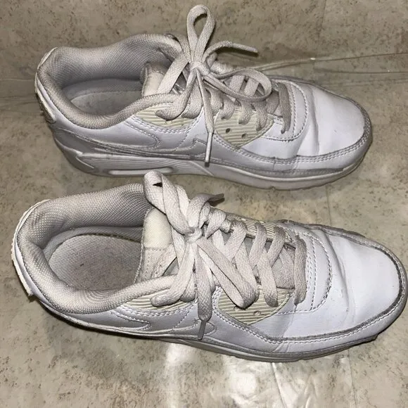 Nike Air Max 90 LTR GS Triple White Lace Up Casual Sneakers Youth Size 6