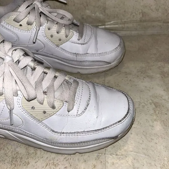 Nike Air Max 90 LTR GS Triple White Lace Up Casual Sneakers Youth Size 6