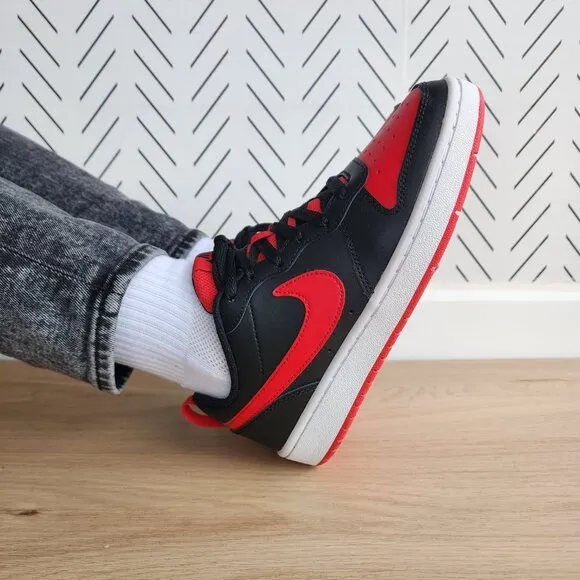 ❤️Nike Court Borough Low2 GS 5Y Big Kids Comfy Shoes Black Red Retro BQ5448-007