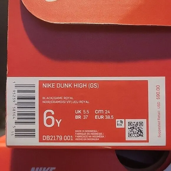 Nike Dunk High GS - DB2179 001 - Black / Game Royal - Crimson - 6Y / Women's 7.5