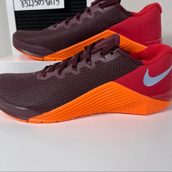 NIKE METCON 5 NIGHT MAROON ORANGE MENS TRAINING SHOES SIZE 9 WEIGHTLIFTING GYM R
