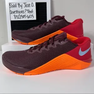 NIKE METCON 5 NIGHT MAROON ORANGE MENS TRAINING SHOES SIZE 9 WEIGHTLIFTING GYM R